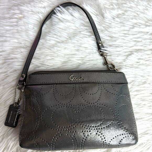 COACH Metallic Silver Signature Wristlet - Picture 1 of 6